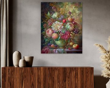 Nature morte victorienne avec fleurs et fruits sur Pieternel Fotografie en Digitale kunst
