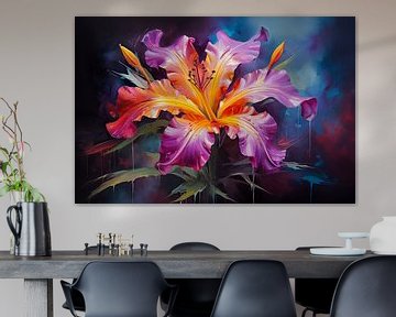 Peinture à l'huile d'une fleur colorée avec des coups de pinceau dynamiques, design artistique sur Animaflora PicsStock