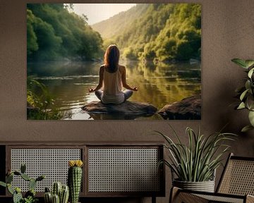 Frau praktiziert Achtsamkeit und Meditation in ruhiger Natur von Animaflora PicsStock