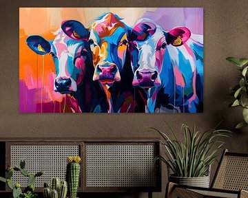 3 vaches dans un panorama artistique en couleur sur TheXclusive Art