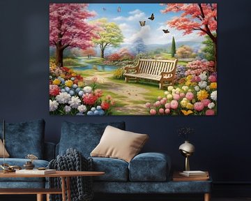 Banc en bois dans le parc, peinture de printemps, design artistique sur Animaflora PicsStock