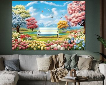 Wooden bench in the park, spring painting, art design by Animaflora PicsStock