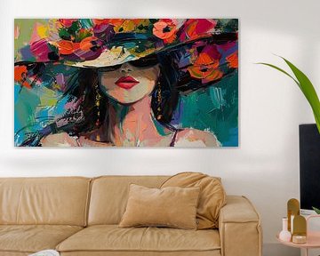 Femme séduisante avec chapeau de fleurs Expressionnisme abstrait panorama coloré sur TheXclusive Art