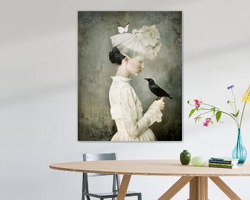 Portrait d'art "La fille avec l'oiseau et le papillon&quot ; sur Carla Van Iersel