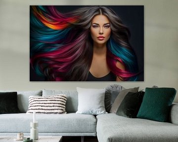 jonge en mooie vrouw met lang regenboogkleuren en zwart haar art design van Animaflora PicsStock