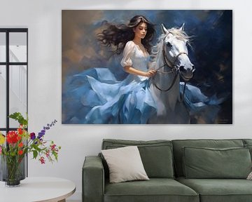 Olieverfschilderij van een mooi meisje in een blauwe jurk te paard van Animaflora PicsStock