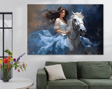 Peinture à l'huile d'une belle jeune fille vêtue d'une robe bleue et chevauchant un cheval sur Animaflora PicsStock