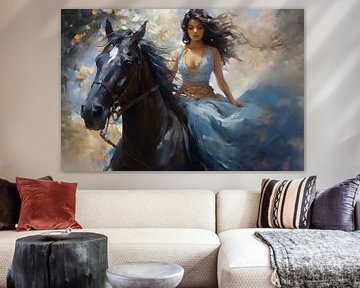 Peinture à l'huile d'une belle jeune fille vêtue d'une robe bleue et chevauchant un cheval sur Animaflora PicsStock