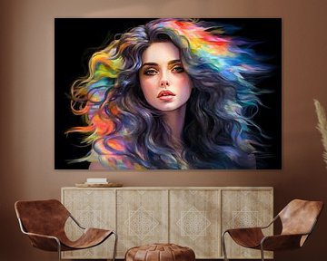 A young and beautiful woman with long hair in rainbow colours. by Animaflora PicsStock