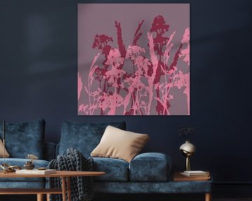 Abstract botanical art. Flowers in neon pink, red on purple. by Dina Dankers