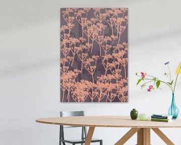 Abstract botanical art. Flowers in coral on taupe by Dina Dankers