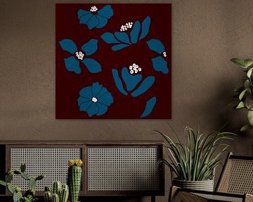 Bloemenmarkt. Moderne botanische kunst in blauw, wit, donker bordeauxrood