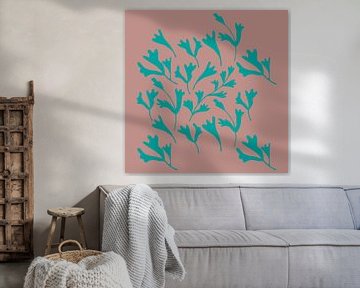 Flower market. Modern botanical art in turquoise on light cacao brown. by Dina Dankers