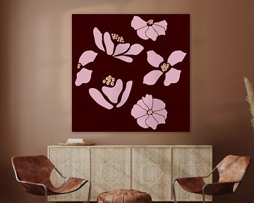 Flower market. Modern botanical art in neon pink on burgundy by Dina Dankers