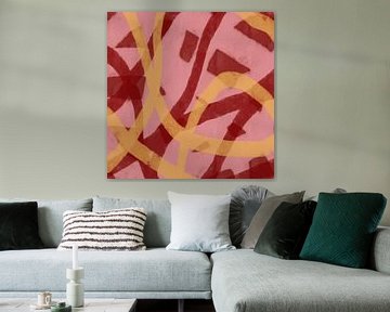 Moderne abstracte kunst. Penseelstreken in geel, roze, wijnrood. van Dina Dankers