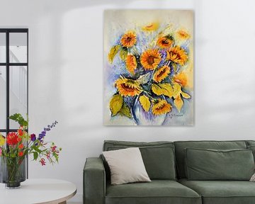 Zonnebloemen in Vaas van Rita Tielemans Kunst