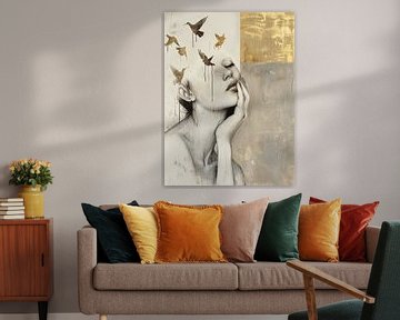 Modern and abstract portrait in neutral tones with a touch of gold by Carla Van Iersel