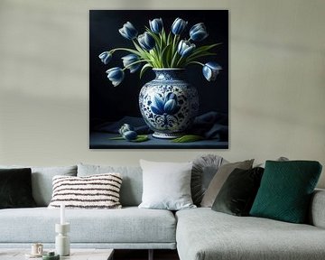 Delfts Blauwe vaas met pastel blauwe tulpen - Holland van Lia Morcus