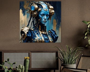 Cyborg portrait in donker blauw en goud van Anouk Maria