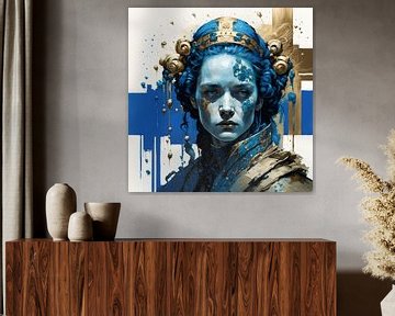 Contemplatie portret in donker blauw en goud van Anouk Maria