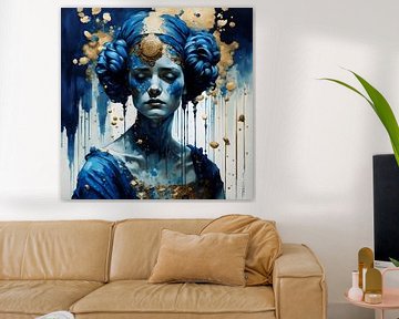 Priestess portrait in dark blue and gold by Anouk Maria