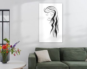 Black-and-white drawing of face of woman with long hair by Wandersti