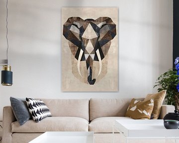 Oeuvre d'art géométrique monochrome représentant un éléphant sur De Muurdecoratie