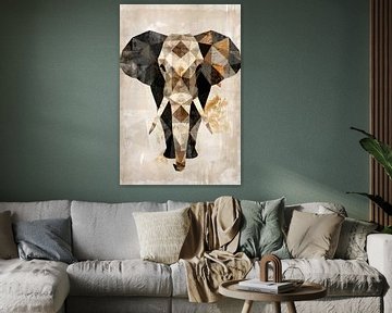 Éléphant géométrique sépia en art abstrait sur De Muurdecoratie