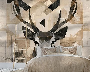 Geometrischer Sepia-Hirschkopf im minimalistischen Stil von De Muurdecoratie