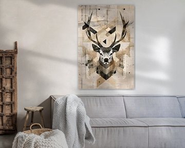 Geometric Sepia Deer Head in Minimalist Style by De Muurdecoratie