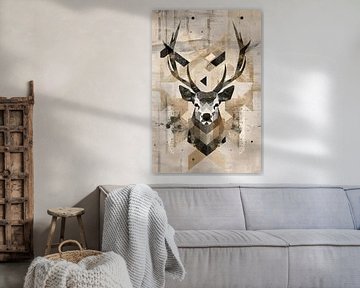 Tête de cerf géométrique sépia en style minimaliste sur De Muurdecoratie