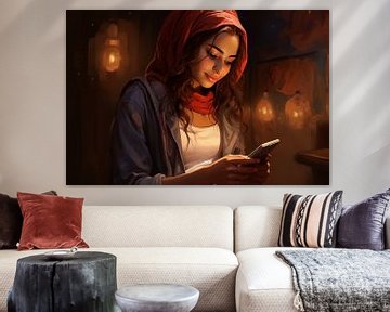 Jonge vrouw uit het Midden-Oosten met een smartphone van Animaflora PicsStock