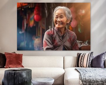 Zuidoost-Aziatische oudere vrouw lacht op de markt van Animaflora PicsStock