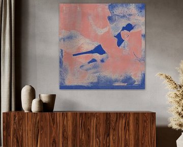 Moderne abstracte kunst. Vormen in blauw en koraalroze. van Dina Dankers