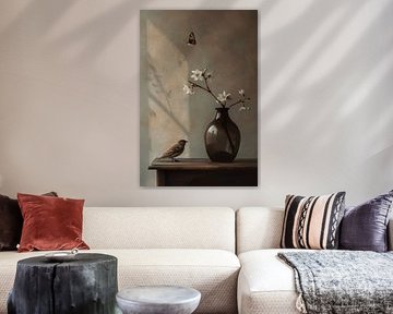 Stilleven met Vogel en Witte Bloesem van Art & Soul Creations