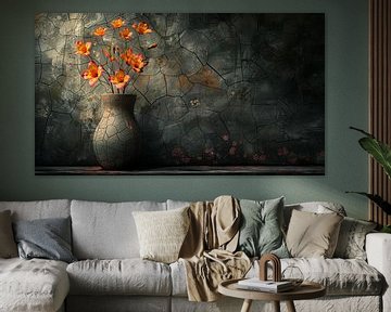 Vaas met oranje en roze bloemen panorama van TheXclusive Art