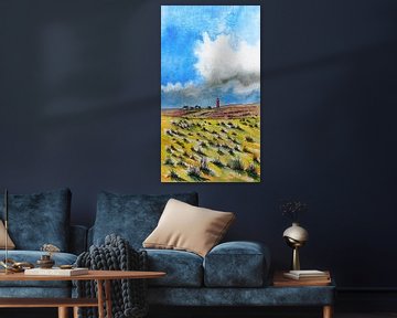 Eierland Vuurtoren en de Duinen van Texel | Handgemaakte Aquarel Schilderij van WatercolorWall