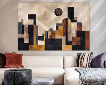 Geometrische Abstracte Skyline in Bruin en Goud van De Muurdecoratie