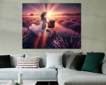 Vrouw genietend van de zonsopkomst in een veld met lavendel bloemen van Eye on You