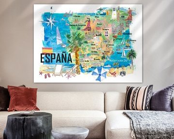 Geïllustreerde kaart van Spanje met hoofdwegen en hoogtepunten van Markus Bleichner