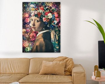 Meisje met de parel in digitaal kunstwerk met bloemen en vogels van John van den Heuvel