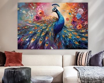 Kleurrijke pauw van moderne kunst geschilderd op canvas, kunstontwerp van Animaflora PicsStock