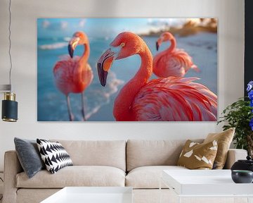 Flamingo's op het strand panorama van TheXclusive Art