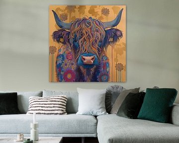 Schotse hooglander koe in bloemen van TheXclusive Art
