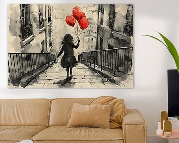 Street art afbeelding van een meisje met rode ballonnen van Skyfall