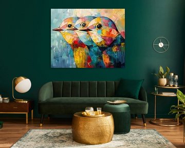 Drie Abstracte Vogeltjes Kunst Werk van Abstract Schilderij