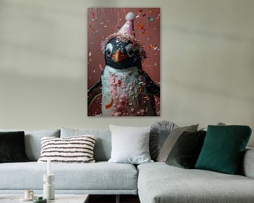 Grappige pinguïn met verjaardagshoed en taart viert feest van Poster Art Shop