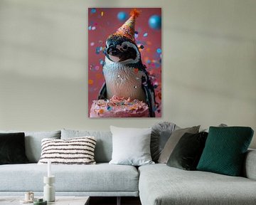 Grappige pinguïn met verjaardagshoed en taart viert feest van Felix Brönnimann