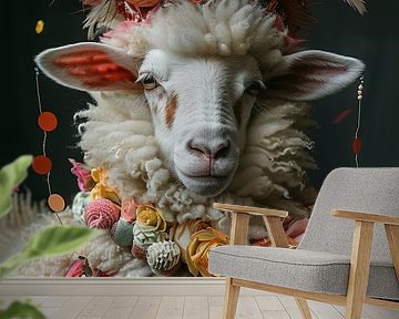 Lustiges Schaf in 60er Jahre Disco-Kleidung mit Krone von Poster Art Shop