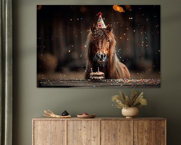 Grappige verjaardagsfoto met paard in jaren 60 disco stijl van Poster Art Shop